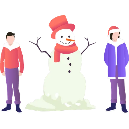 Menino e menina ao lado do boneco de neve  Ilustração