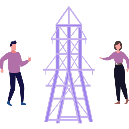 Menino e menina em pé perto da torre de eletricidade  Ilustração