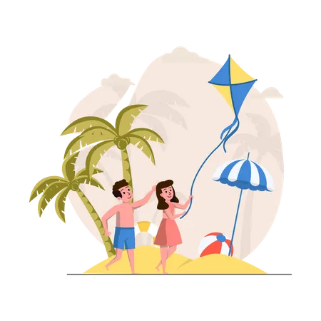 Menino e menina empinando pipa na praia  Ilustração