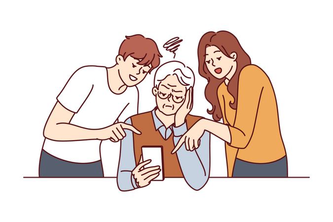 Menino e menina ensinando celular ao avô  Ilustração