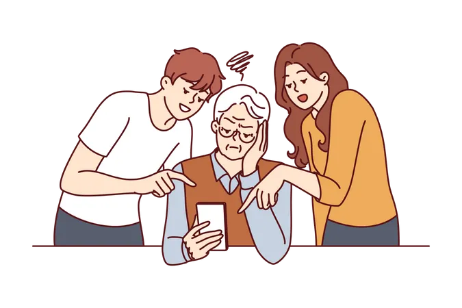 Menino e menina ensinando celular ao avô  Ilustração