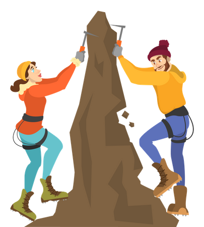 Menino e menina escalando montanha  Ilustração