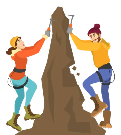 Menino e menina escalando montanha  Ilustração