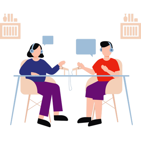 Menino e menina estão conversando sobre uma transmissão ao vivo  Ilustração
