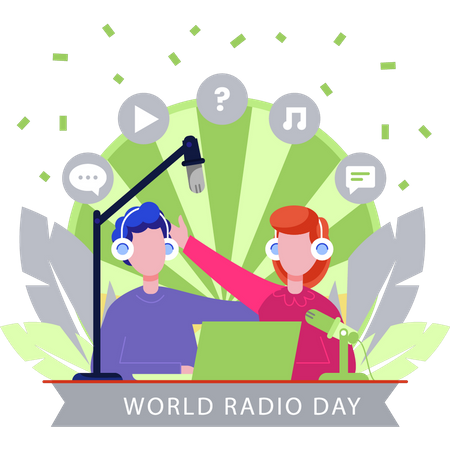 Menino e menina estão fazendo um podcast do Dia Mundial da Rádio  Ilustração