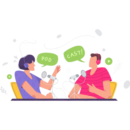Menino e menina estão fazendo um programa de podcast  Ilustração