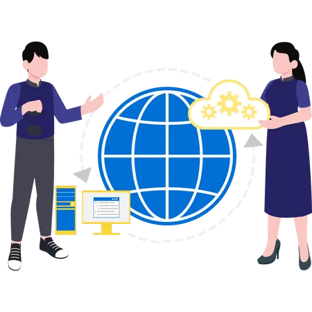 Menino e menina conversando sobre configurações de internet  Ilustração