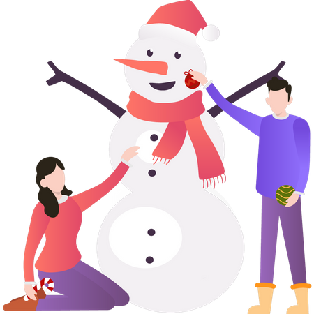 Menino e menina fazendo boneco de neve  Ilustração