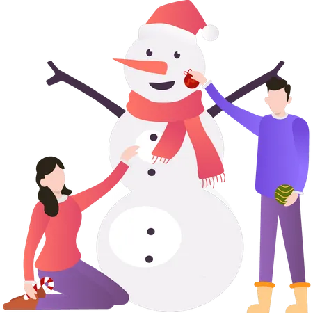 Menino e menina fazendo boneco de neve  Ilustração