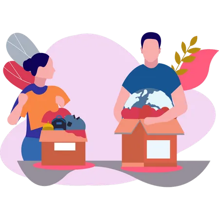 Menino e menina fazendo caixas de doação  Ilustração