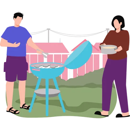 Menino e menina fazendo churrasco lá fora  Ilustração