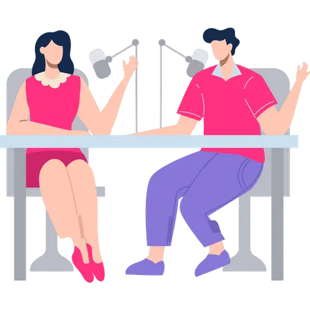 Menino e menina fazendo podcasting  Ilustração