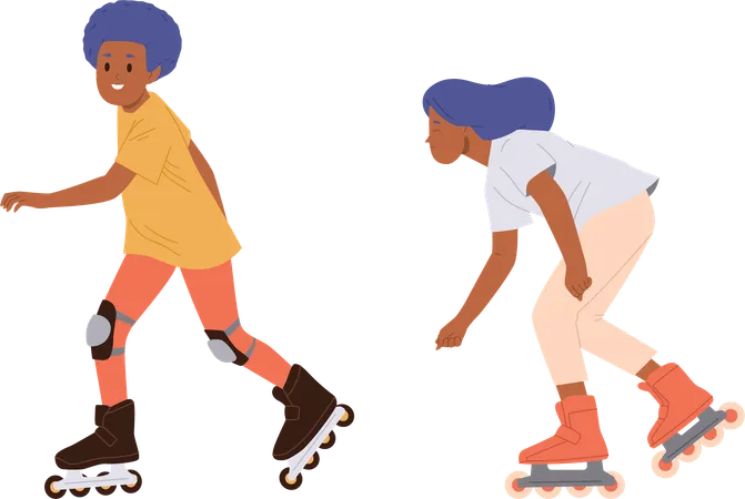 Menino e menina felizes andando de patins aproveitando a aula de treinamento  Ilustração