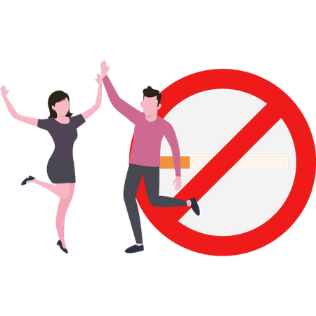 Menino e menina felizes com a proibição de fumar  Ilustração