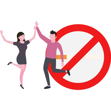 Menino e menina felizes com a proibição de fumar  Ilustração