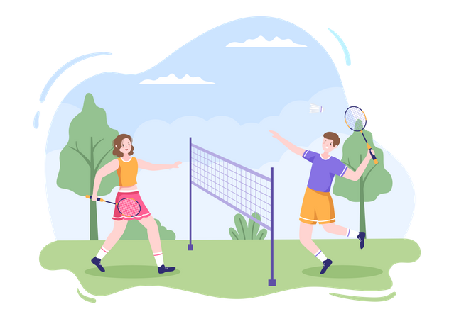 Menino e menina jogando badminton  Ilustração