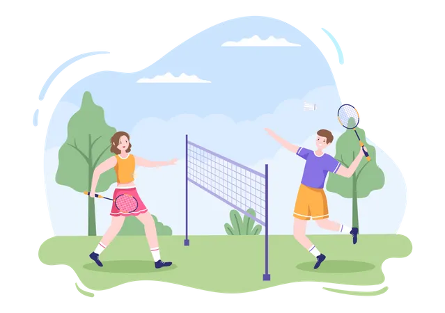 Jogador De Badminton Com Transporte Na Quadra Em Ilustracao De Desenho Animado Estilo Plano Feliz Jogando Jogos Esportivos E Design De Lazer Ilustração