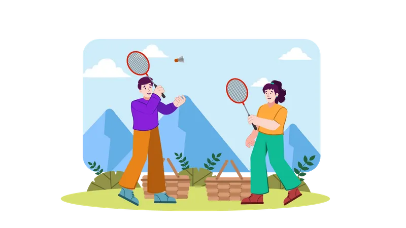 Menino e menina jogando badminton no piquenique  Ilustração