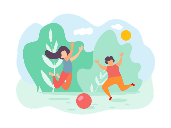 Menino e menina jogando bola no parque  Ilustração