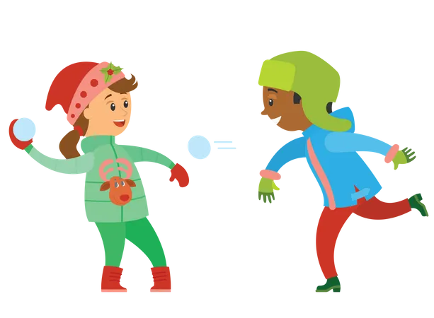 Menino e menina jogando bola de neve um no outro  Ilustração
