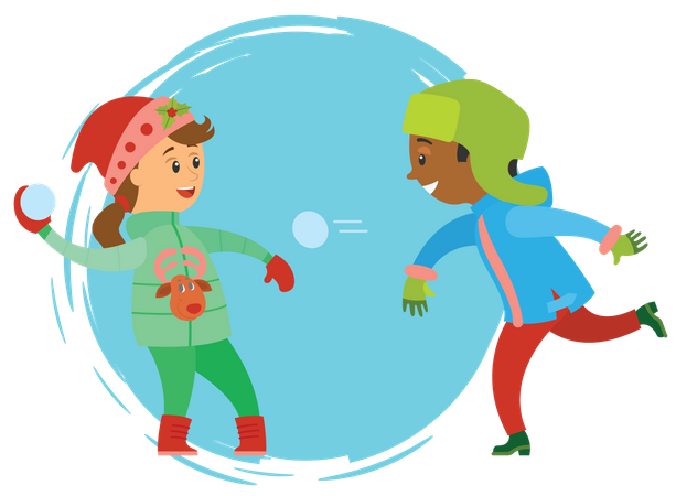 Menino e menina jogando bola de neve um no outro  Ilustração