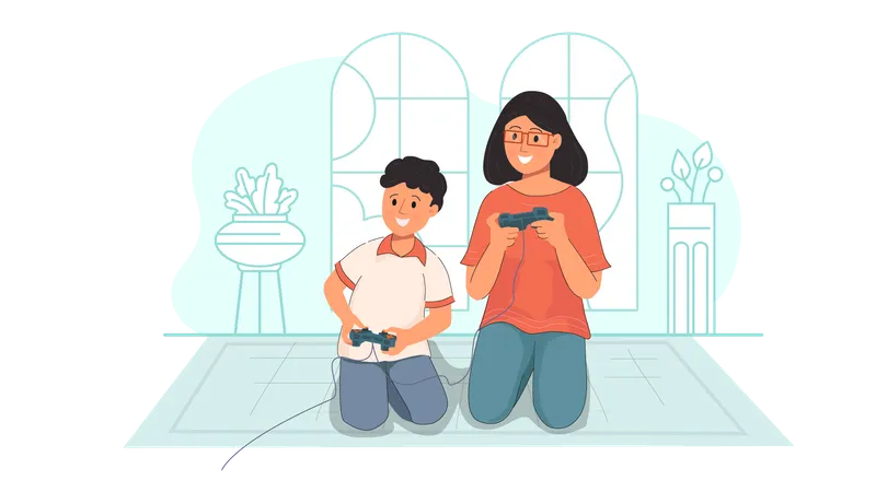 Menino e menina jogando videogame  Ilustração