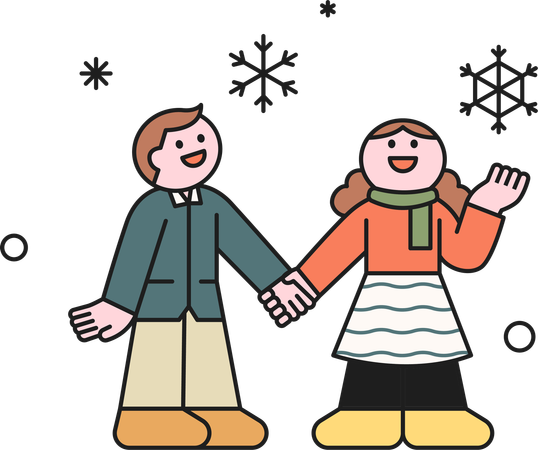 Menino e menina olhando para flocos de neve  Ilustração