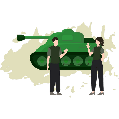 Menino e menina olhando para tanque militar  Ilustração