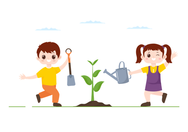 Menino e menina plantando árvore  Ilustração
