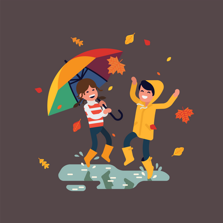 Menino e menina se divertindo lá fora usando botas de borracha, capa de chuva amarela e guarda-chuva colorido do arco-íris  Ilustração