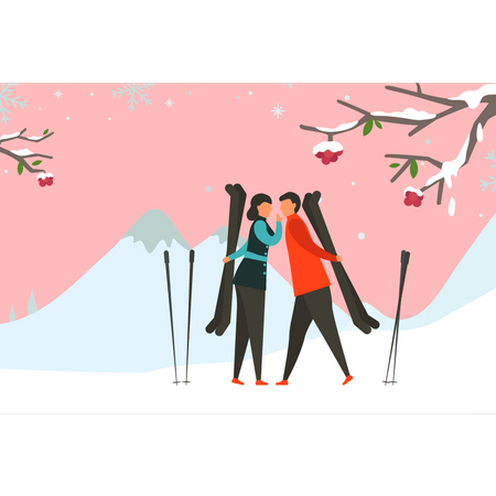 Menino e menina segurando a prancha de esqui no gelo  Ilustração