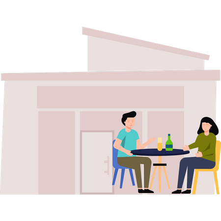 Menino e menina sentados à mesa no restaurante  Ilustração