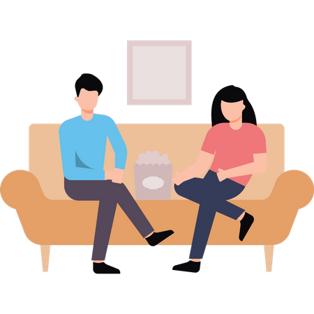 Menino e menina sentados no sofá com pipoca  Ilustração