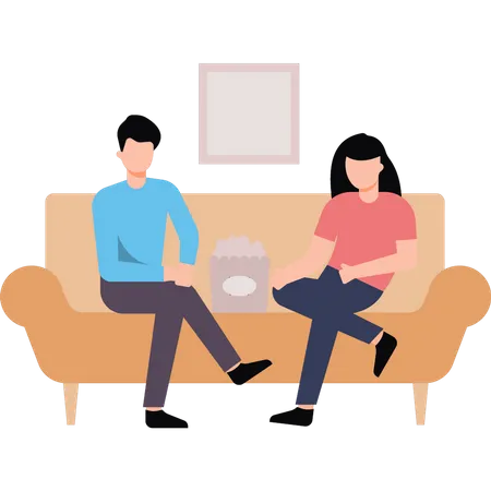 Menino e menina sentados no sofá com pipoca  Ilustração