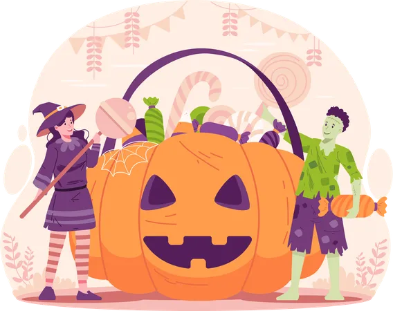 Menino e menina vestidos com fantasias de Halloween com uma enorme cesta de abóbora de Halloween cheia de doces e guloseimas  Ilustração