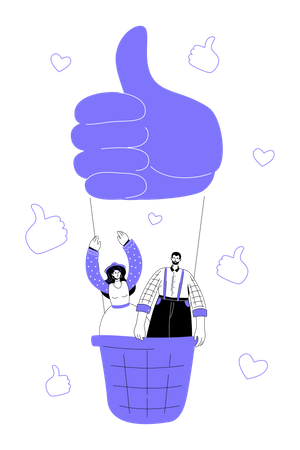 Menino e menina voando em um balão de ar quente, polegares para cima e gostos, corações  Ilustração