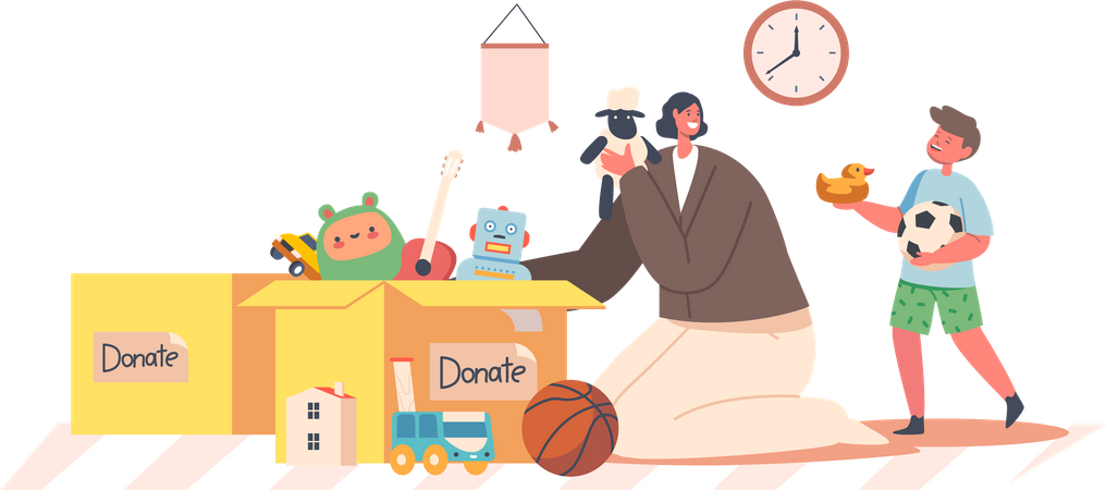Menino e mulher voluntária pegam brinquedos da caixa de doações  Ilustração