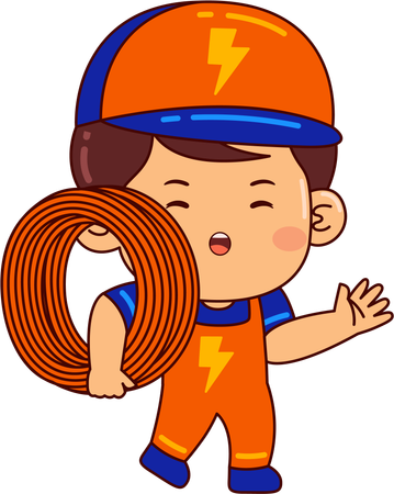 Menino eletricista fofo segurando fio budle  Ilustração