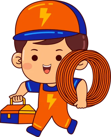 Menino eletricista fofo segurando um pacote de fios e caixa de ferramentas  Ilustração