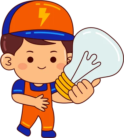 Menino eletricista fofo segurando uma lâmpada  Ilustração