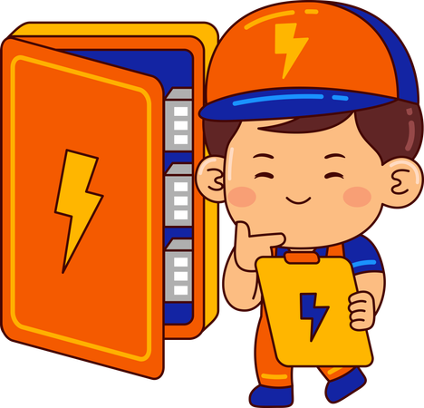 Menino eletricista fofo verificando a caixa de fusíveis  Ilustração