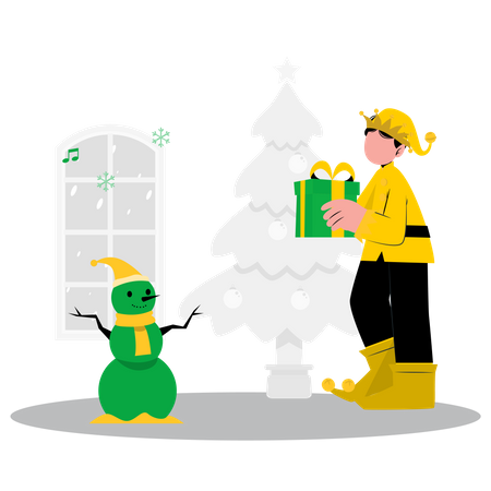 Menino elfo segurando o presente de natal  Ilustração