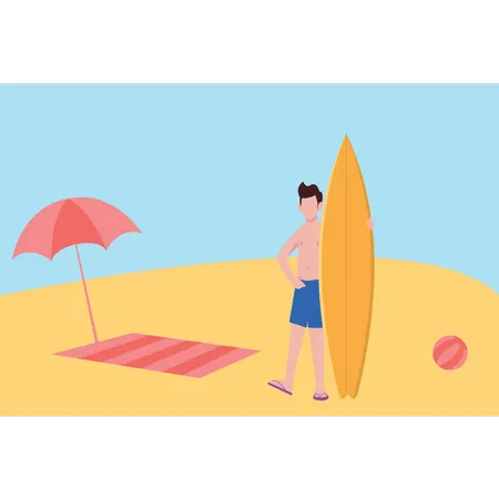 Menino em pé com prancha de surf  Ilustração