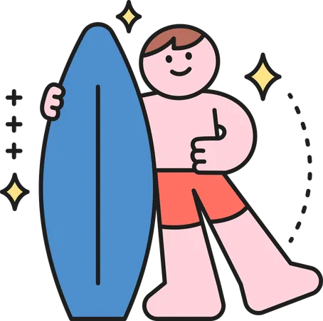 Menino em pé com prancha de surf  Ilustração