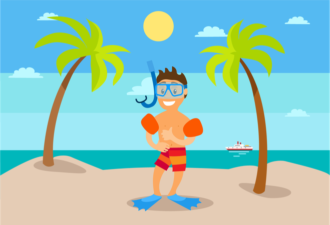 Menino em pé na praia  Ilustração
