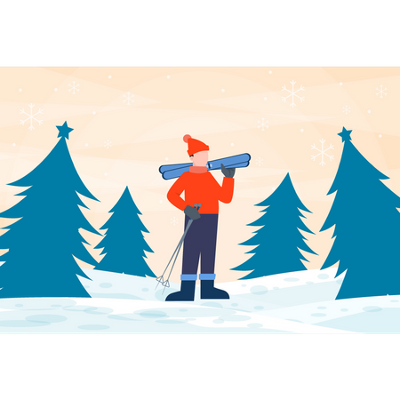 Menino em pé segurando equipamento de esqui  Ilustração