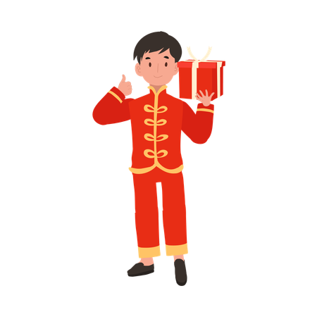 Menino com vestido tradicional chinês, segurando uma caixa de presente  Ilustração