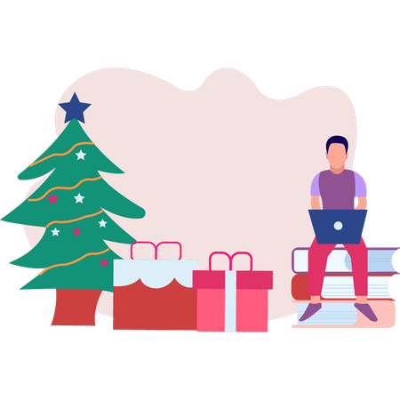 Menino encomendando presentes de Natal on-line  Ilustração