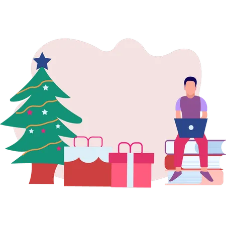 Menino encomendando presentes de Natal on-line  Ilustração