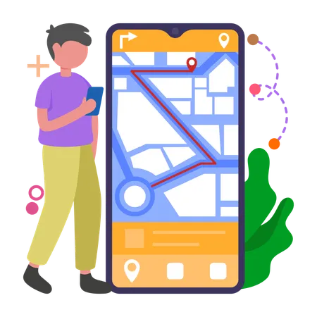 Menino encontra direções com o Map Navigator  Ilustração